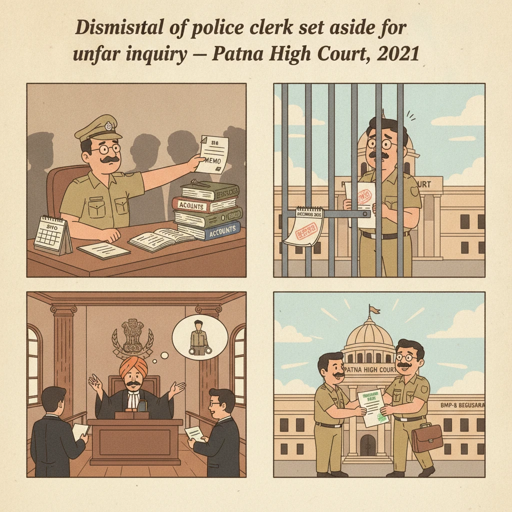 Courtroom scene representing Patna High Court scrutiny of a police clerk’s departmental dismissal.