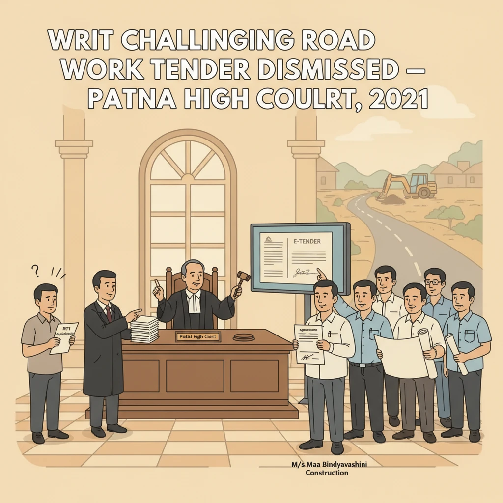 Courtroom and tender documents symbolising Patna High Court road work tender dispute.