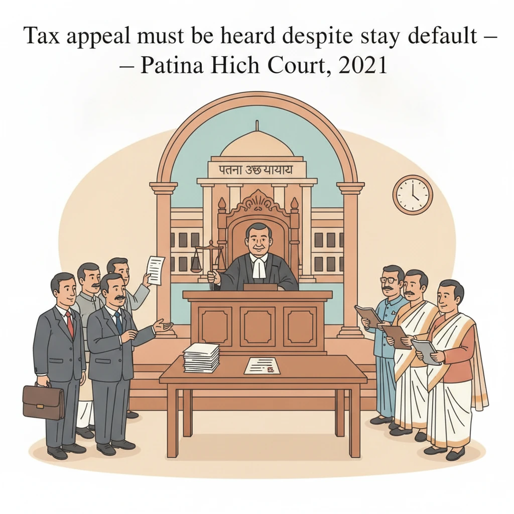 Illustration of Patna High Court examining VAT tax appeal and stay conditions.