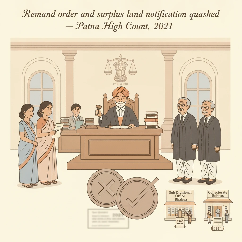 Illustration of Patna High Court reviewing a land ceiling surplus notification from Rohtas district.
