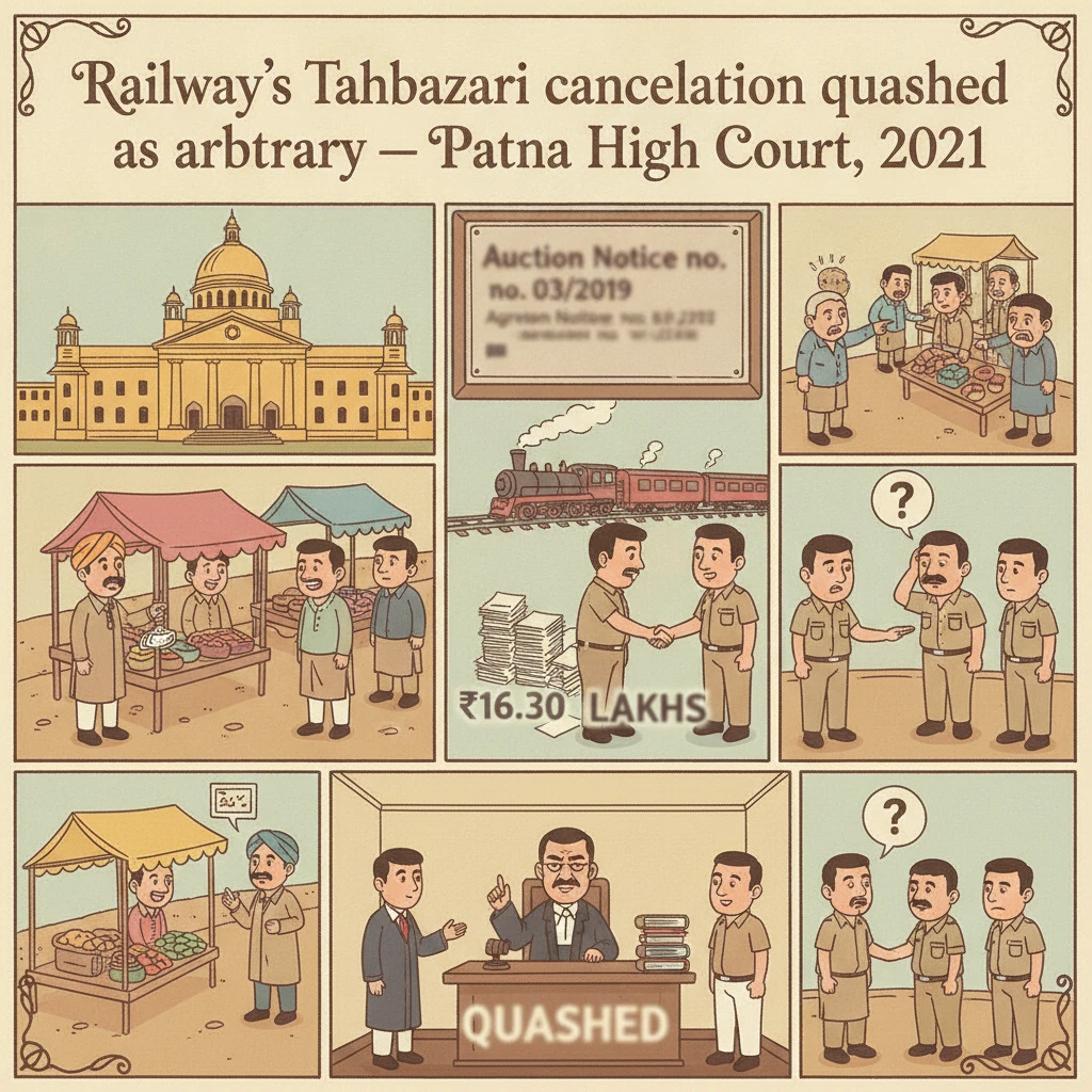 A courtroom scene depicting scrutiny of a railway Tahbazari tender cancellation.