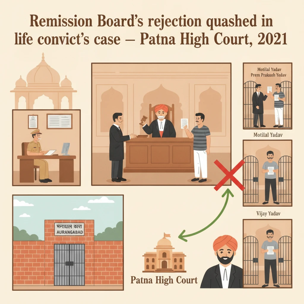 Courtroom scene representing Patna High Court reviewing a prisoner’s remission request.