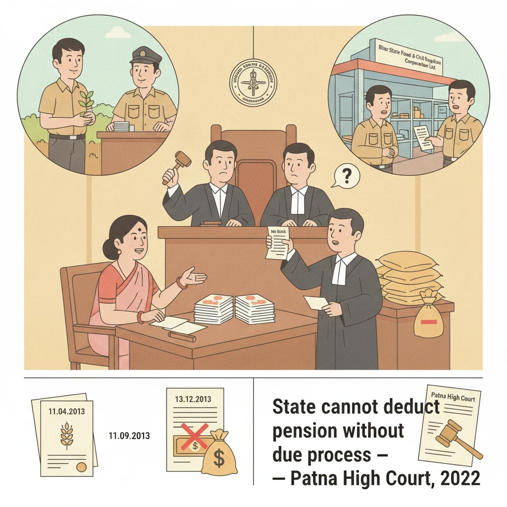 Courtroom illustration showing judges examining a case on wrongful deduction of pension dues.