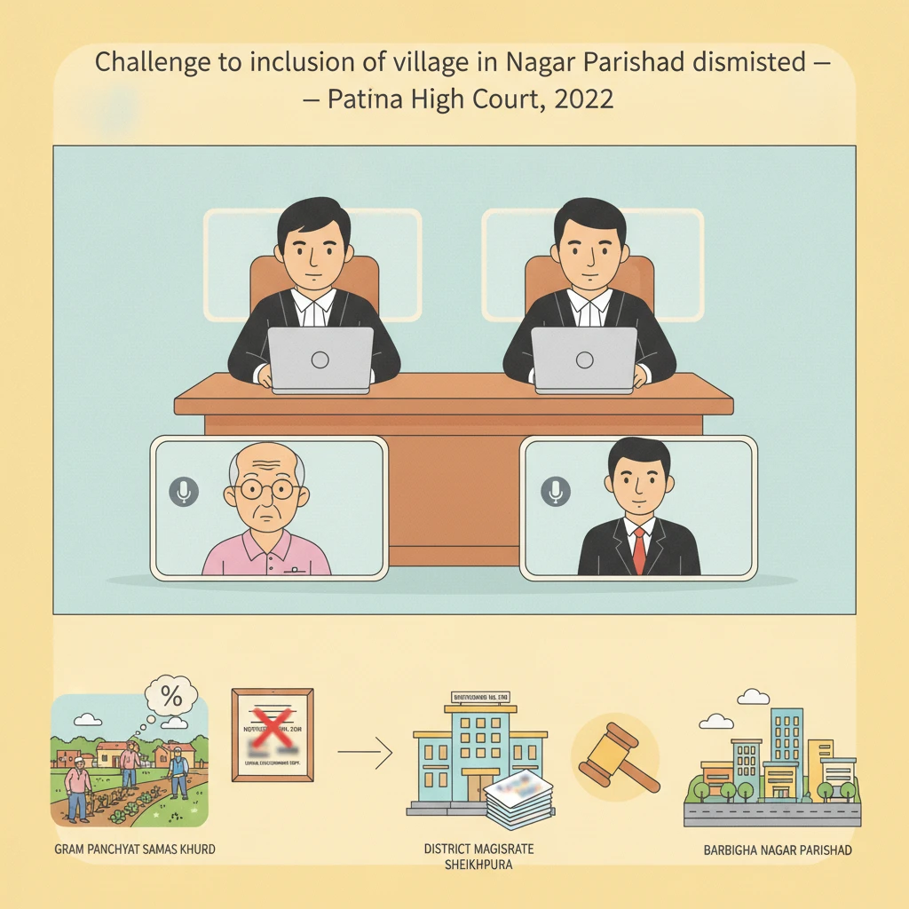 Courtroom illustration showing judicial review of Bihar municipal boundary extension by Patna High Court.