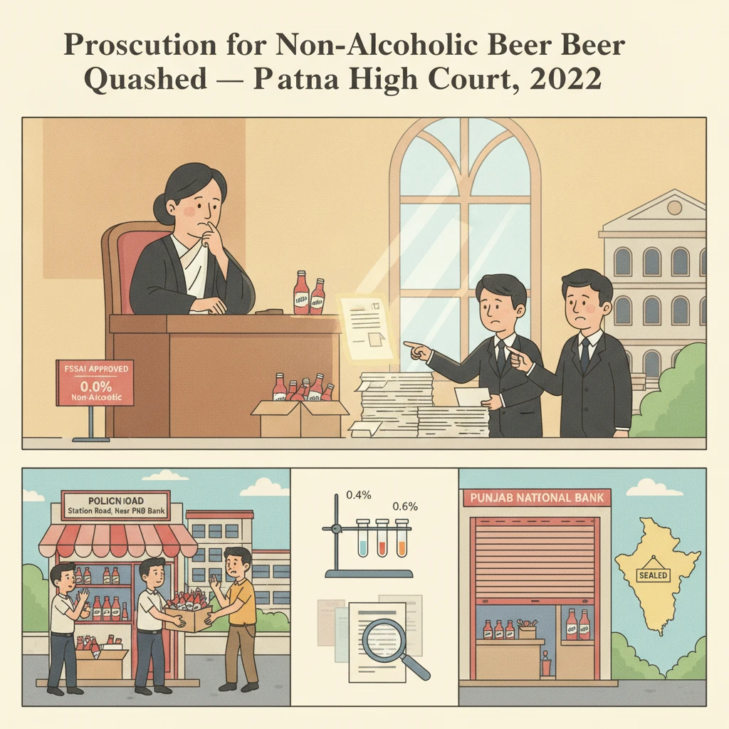 Courtroom illustration showing challenge to prohibition case over non-alcoholic beer in Patna High Court.
