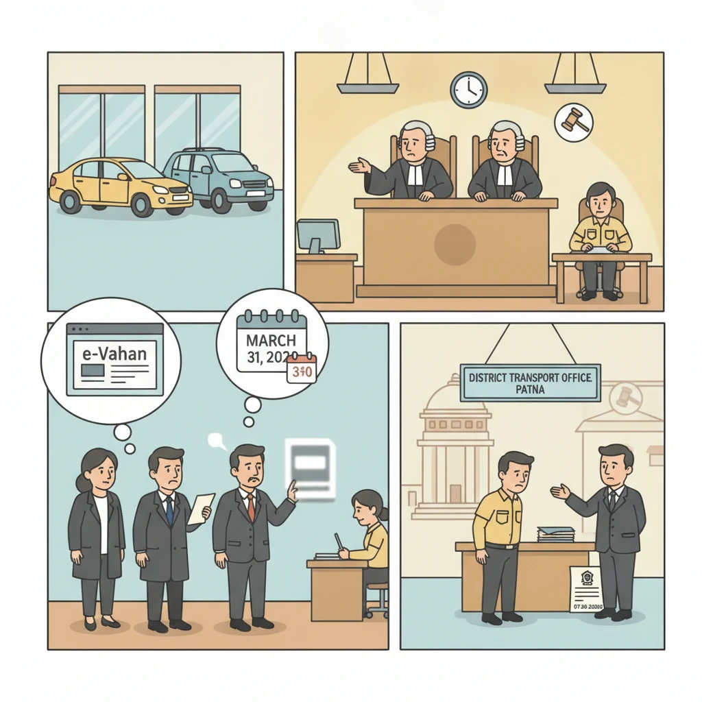 Illustration of Patna High Court reviewing registration of BS-IV vehicles for a dealer.