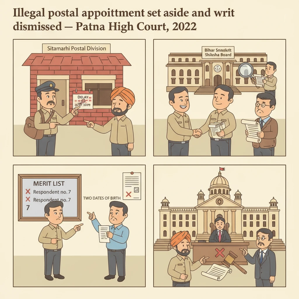A courtroom scene illustrating a dispute over a postal recruitment decision in Bihar.