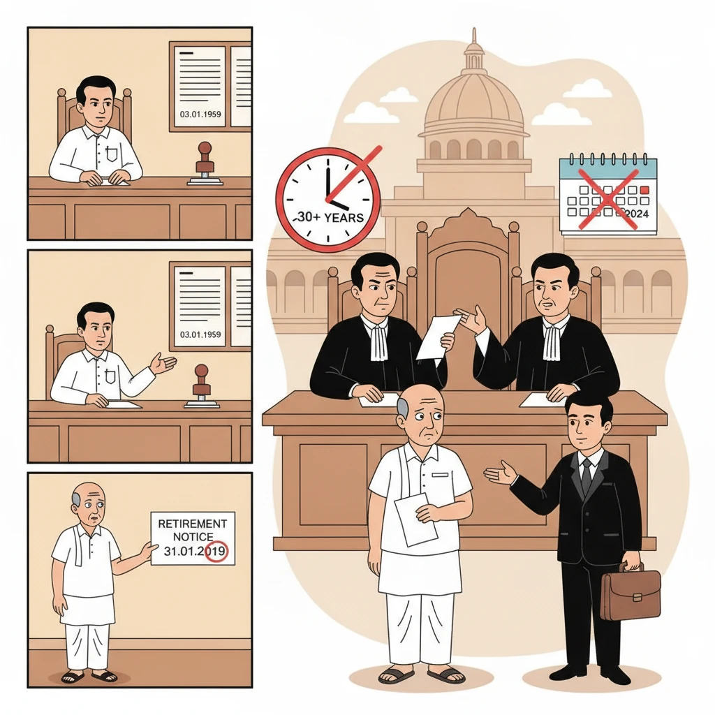 A courtroom scene depicting judges deciding a dispute over a government employee’s date of birth.