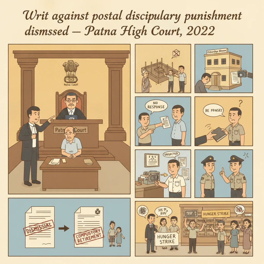 Courtroom illustration showing Patna High Court reviewing a postal employee’s disciplinary case.