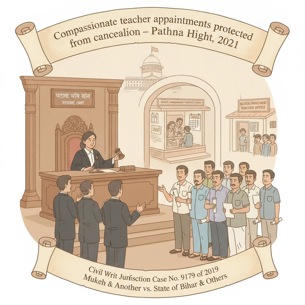 Courtroom illustration showing judges reviewing compassionate teacher appointment orders in Bihar.
