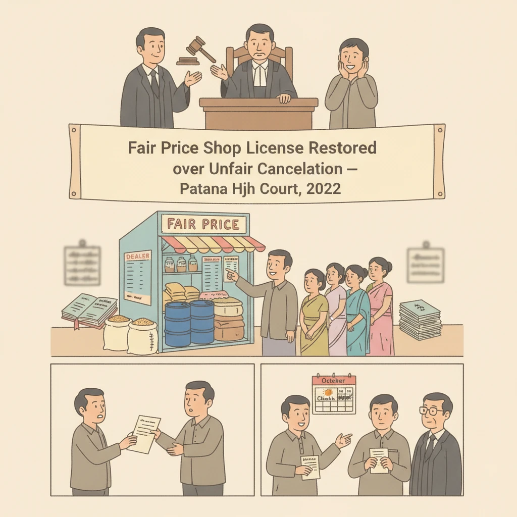 Illustration of Patna High Court reviewing cancellation of a PDS fair price shop licence.