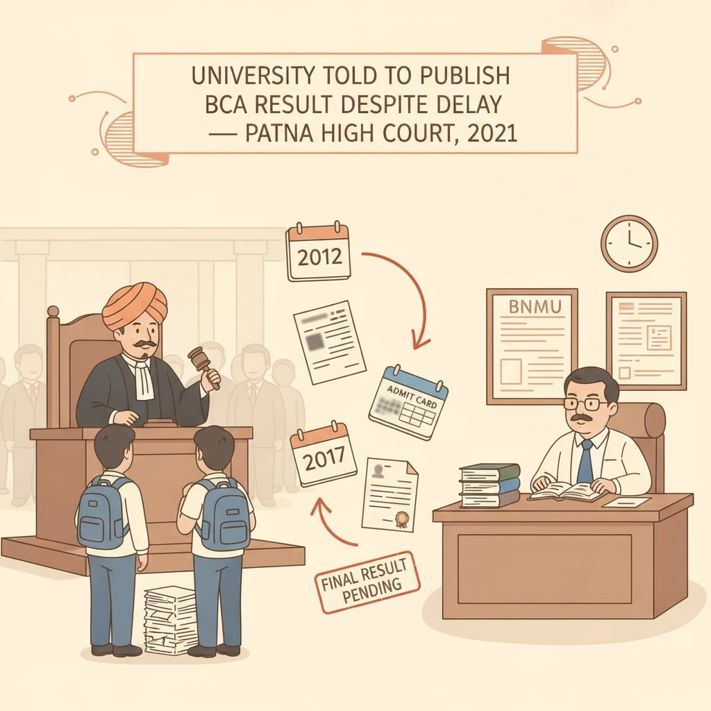 Courtroom and university documents illustrating a Patna High Court case on delayed BCA result.