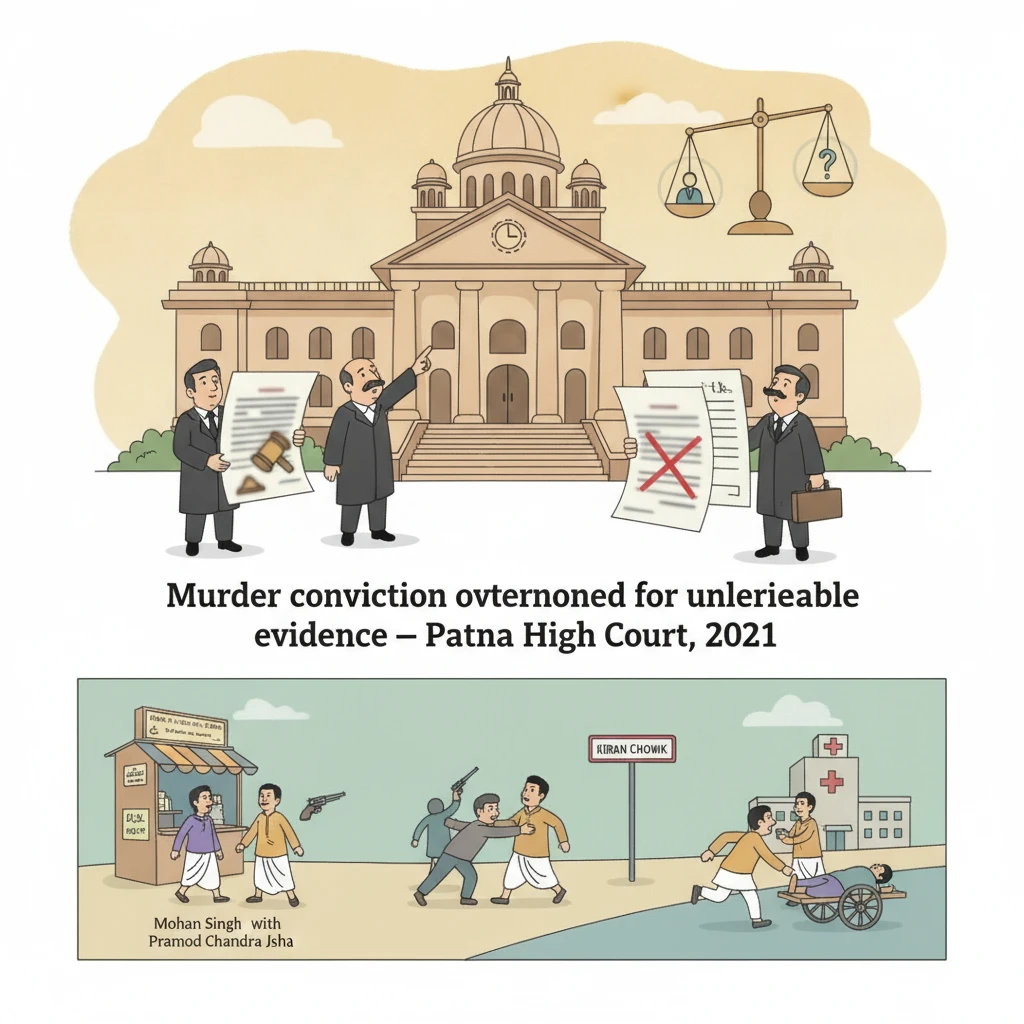 Courtroom illustration showing judges reviewing conflicting murder trial evidence.