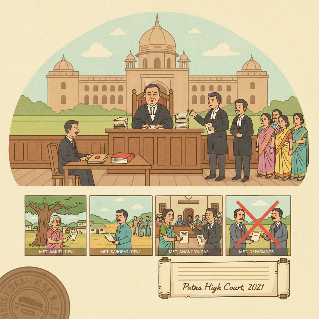 Courtroom illustration representing a Patna High Court village land title dispute.