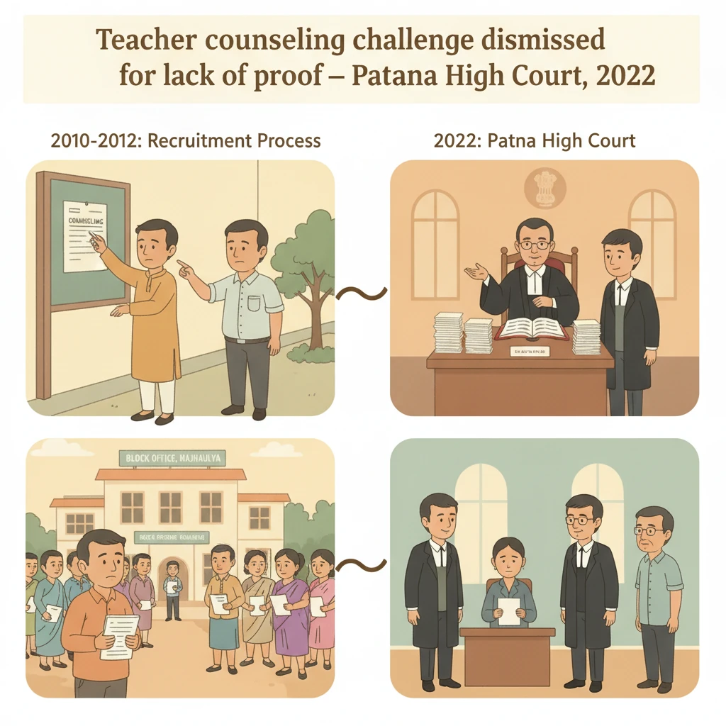 Illustration of a courtroom reviewing Bihar Panchayat teacher counselling records.