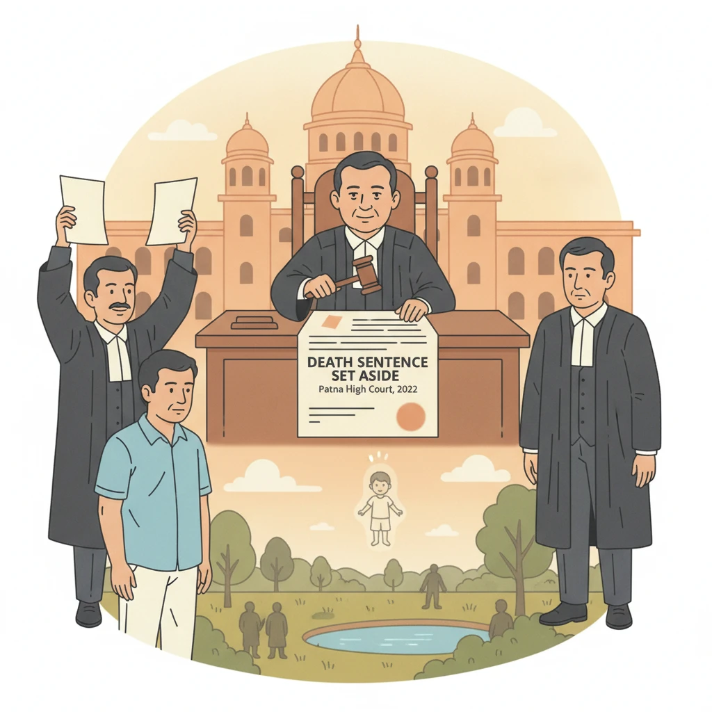 A courtroom scene at Patna High Court depicting review of a death sentence case.