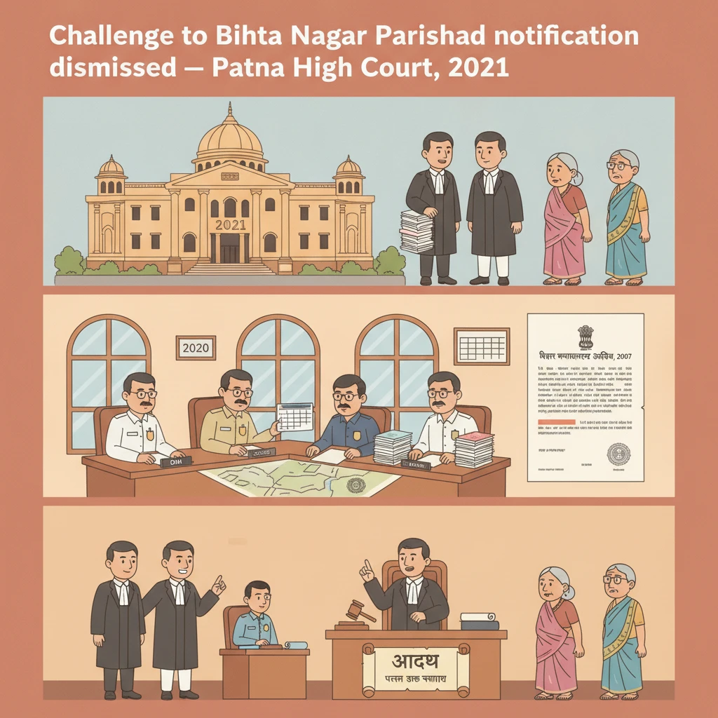 Courtroom illustration showing judicial review of Bihar municipal notification.