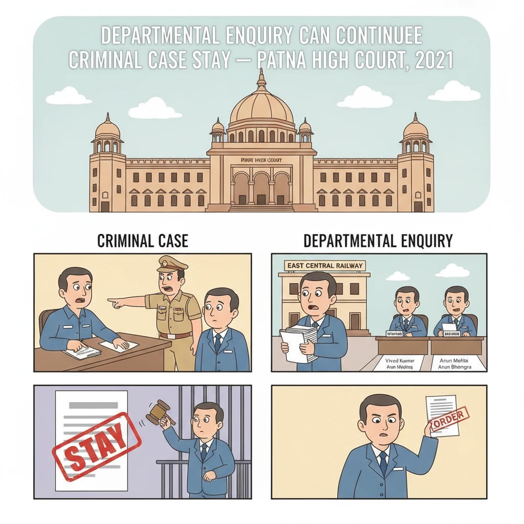 Illustration of Patna High Court hearing on continuation of a Railway departmental enquiry.