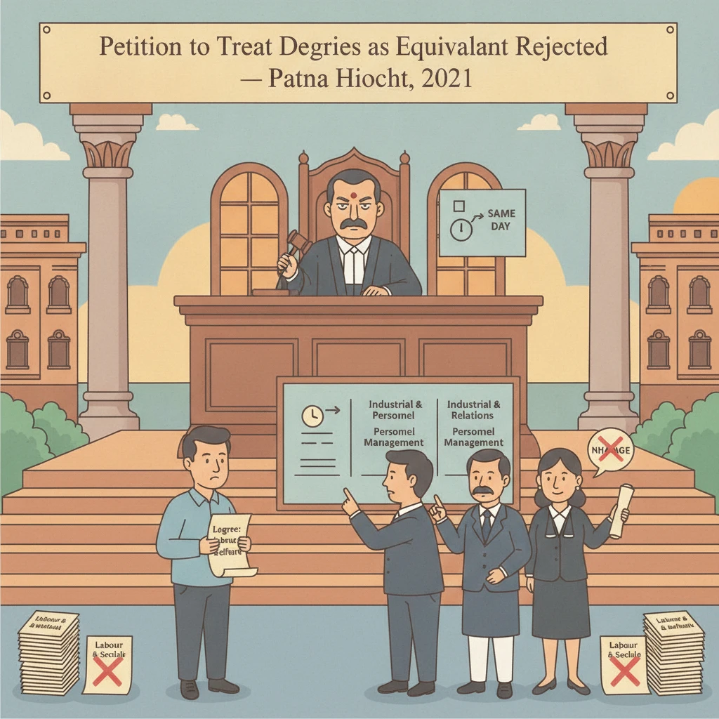 Courtroom illustration showing judge deciding a degree equivalence dispute in Patna High Court.