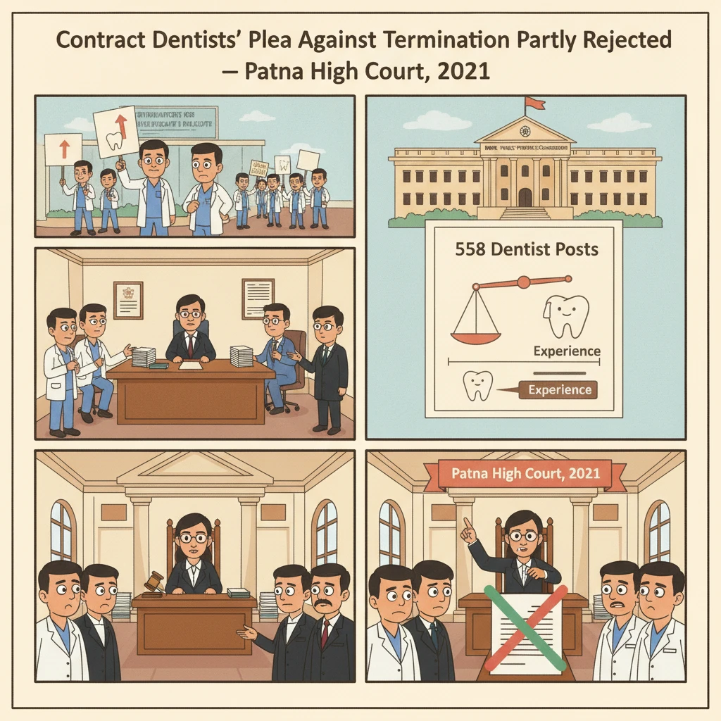 A courtroom setting showing a dispute over contractual government dentists in Bihar.