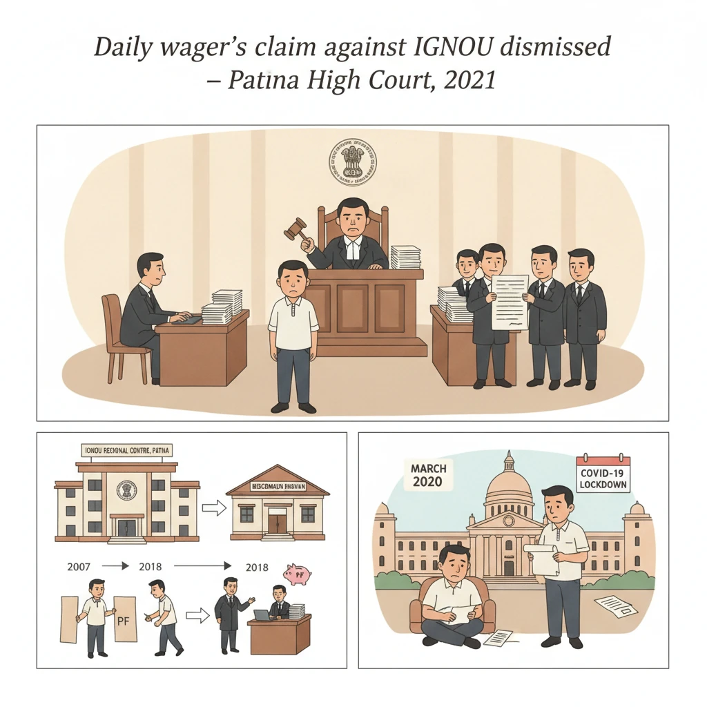 Illustration of Patna High Court hearing a dispute on outsourced IGNOU employment.