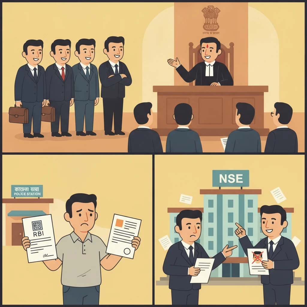 Courtroom illustration showing judges reviewing a criminal complaint against company officers.
