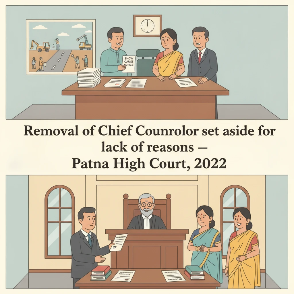 Courtroom and municipal council imagery symbolising Patna High Court review of a Chief Councillor’s removal.
