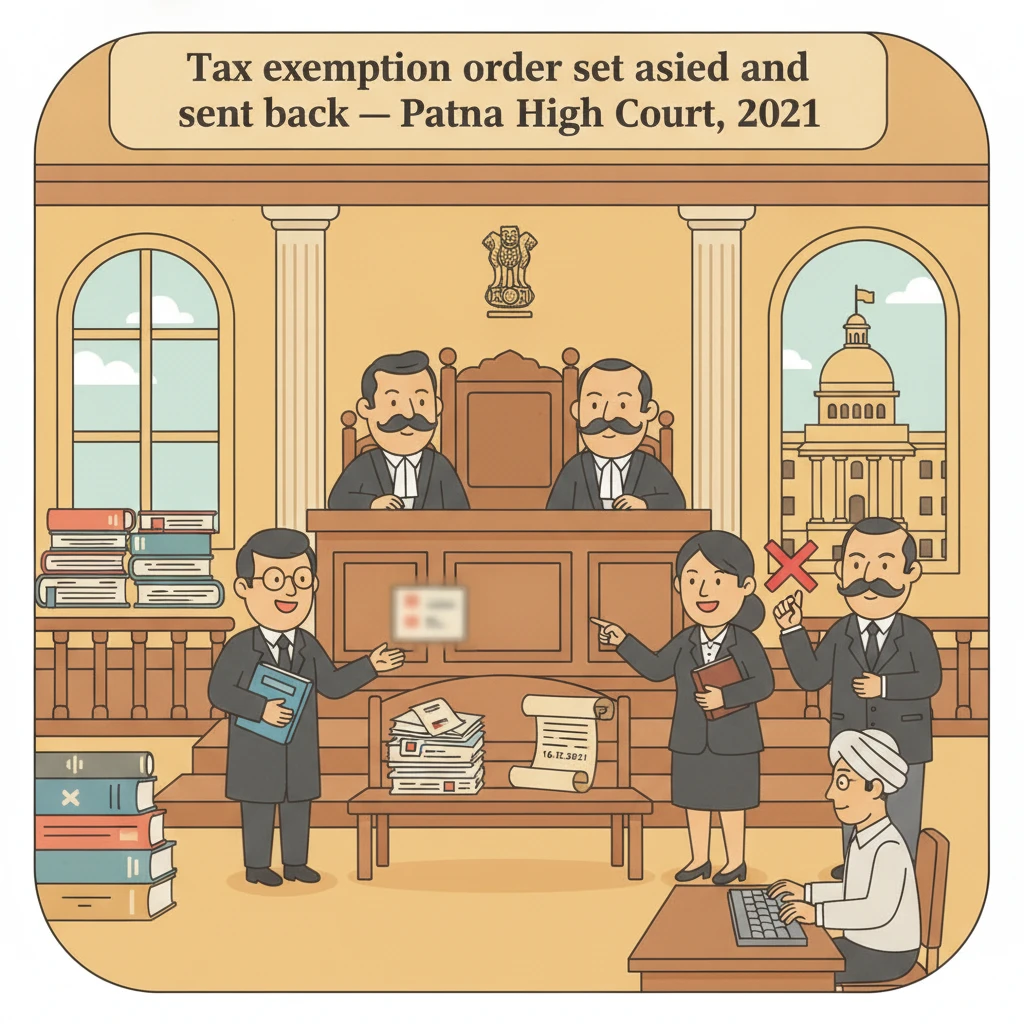 A courtroom scene depicting judges hearing a tax exemption dispute involving an educational body.