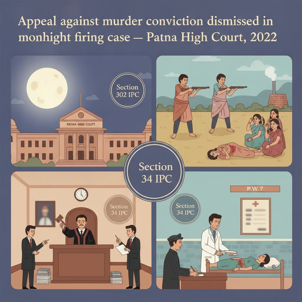Illustration of Patna High Court hearing a rural murder appeal involving night-time shooting.