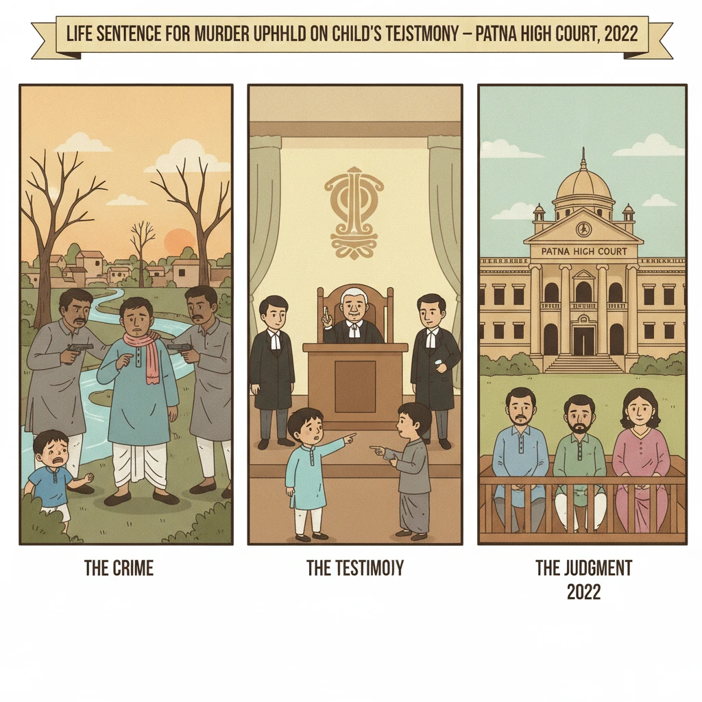 A courtroom scene at Patna High Court depicting a criminal appeal on a village murder case.