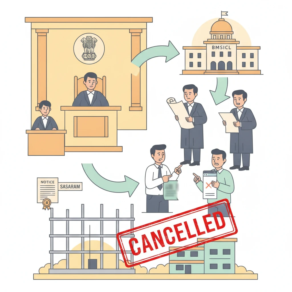 Illustration of Patna High Court overseeing dispute on cancelled hospital construction tender.