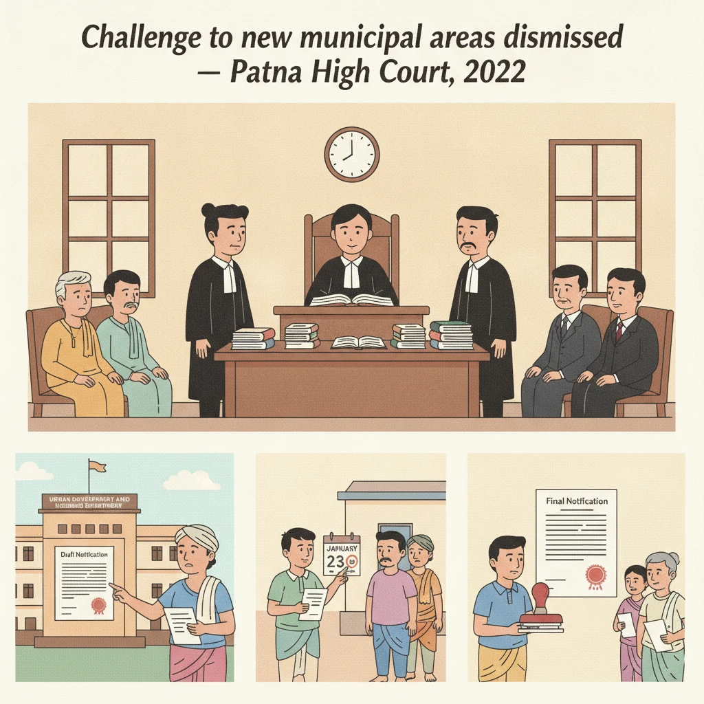 Courtroom illustration showing judicial review of Bihar government notifications on new municipal areas.