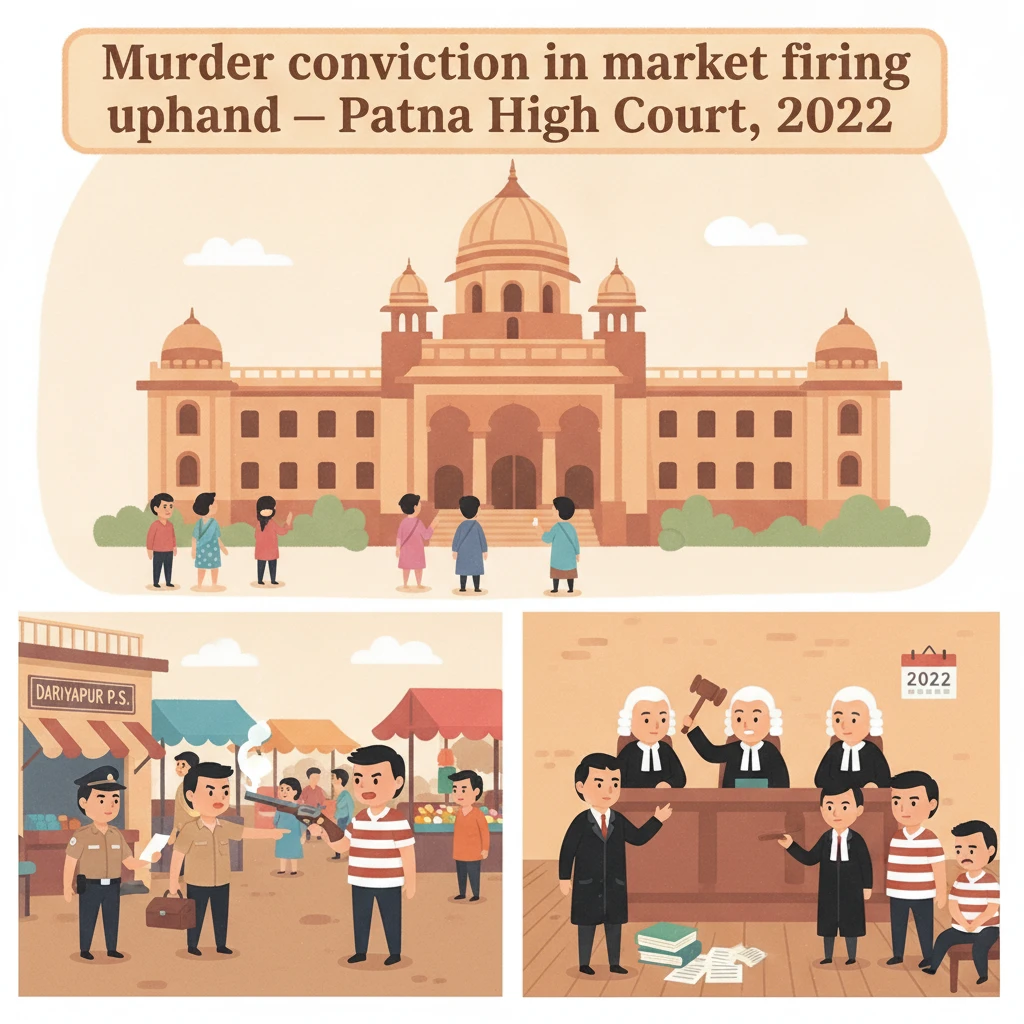 Courtroom illustration of judges reviewing a violent market firing case at Patna High Court.