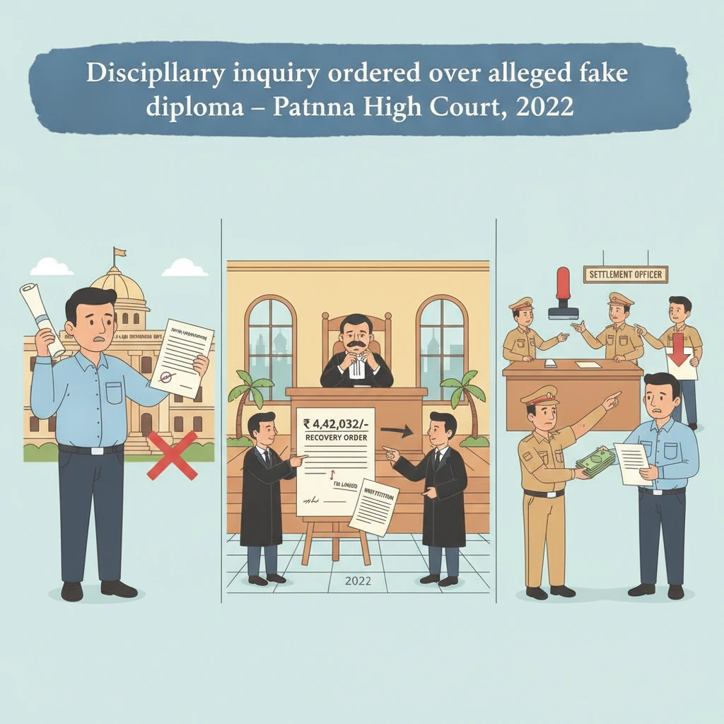 Courtroom scene depicting a hearing on termination over an alleged fake diploma.