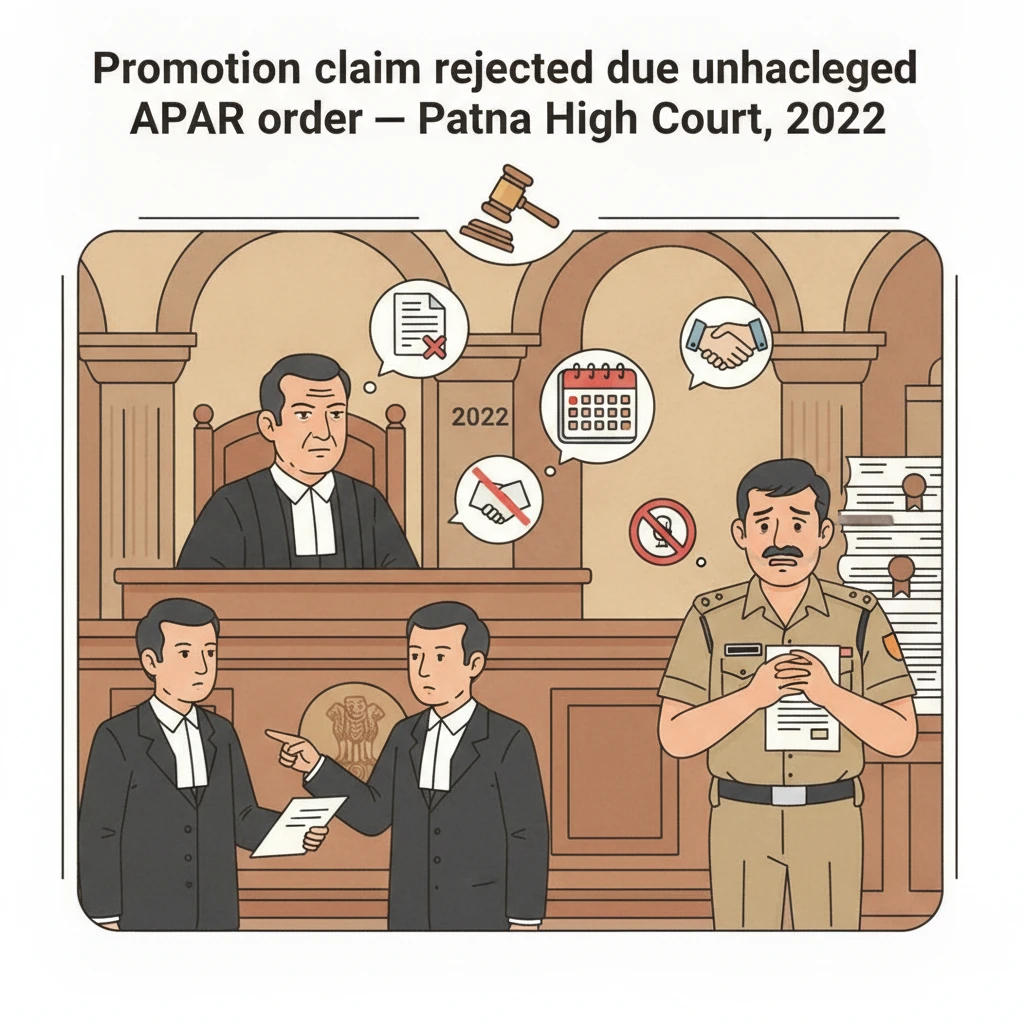 A courtroom illustration showing a service officer challenging an adverse APAR before the Patna High Court.