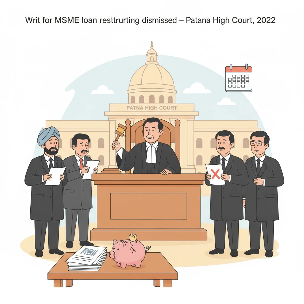 Courtroom illustration showing judges hearing a banking loan restructuring dispute.