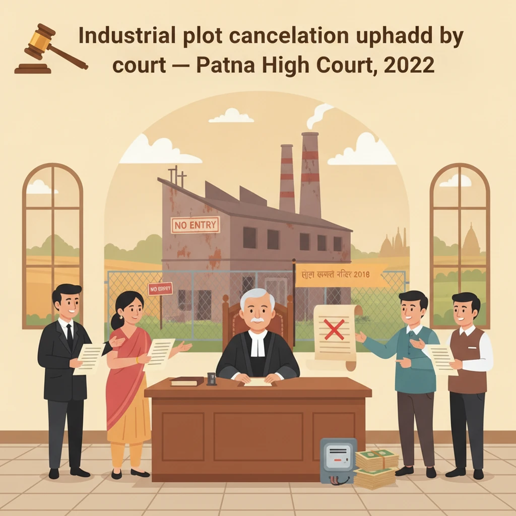 Illustration of Patna High Court reviewing cancellation of an unused industrial plot by BIADA.