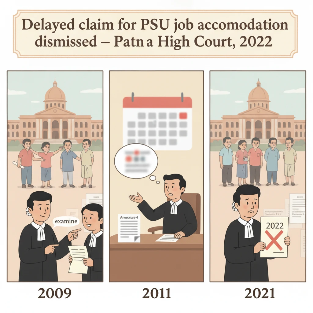 Illustration of Patna High Court evaluating delayed claims by ex-PSU workers for government jobs.