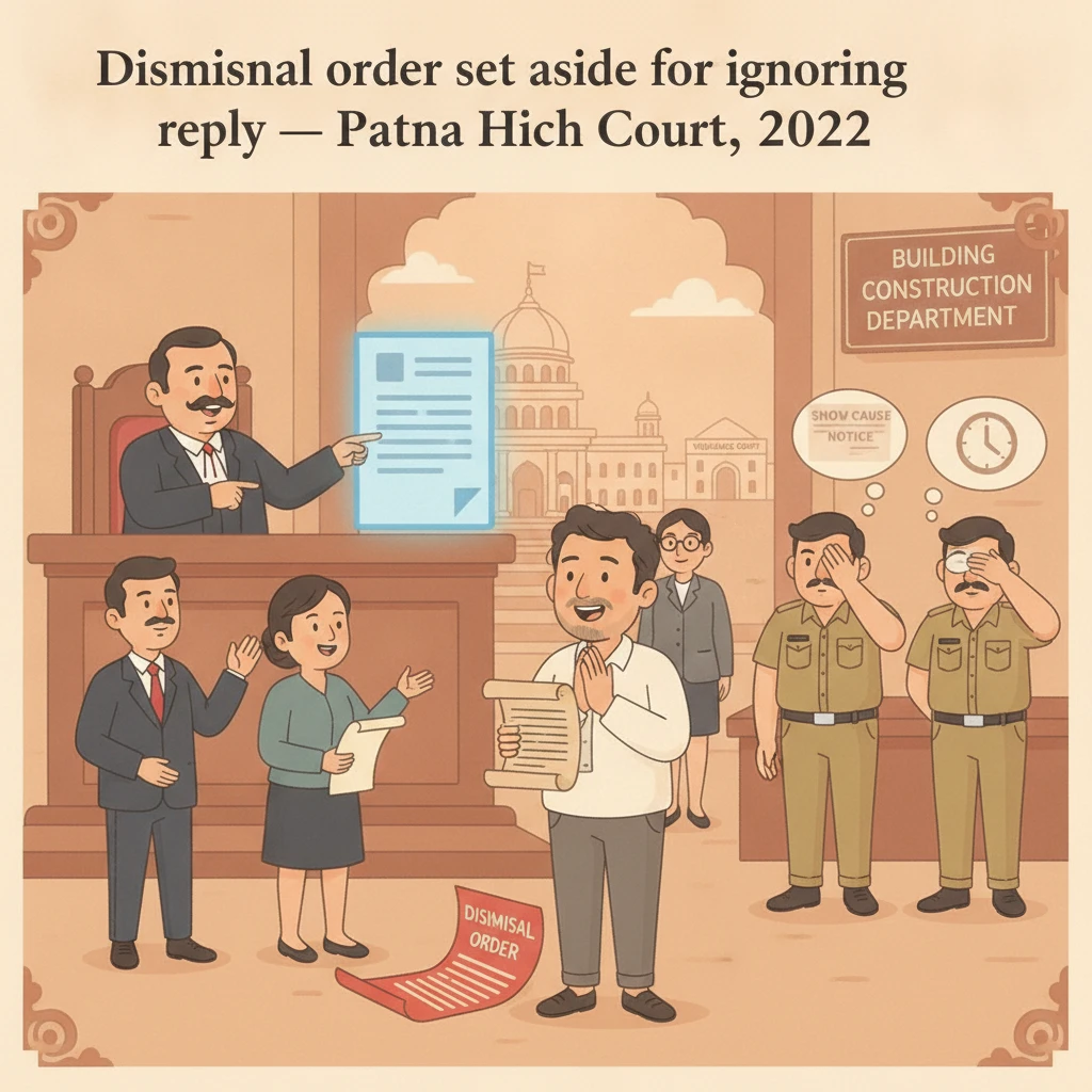 Courtroom illustration showing judicial review of a government employee’s dismissal.