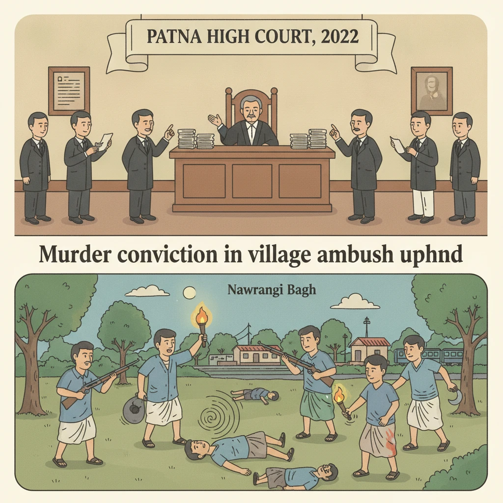 Illustration of Patna High Court hearing a criminal appeal on village murder and unlawful assembly.