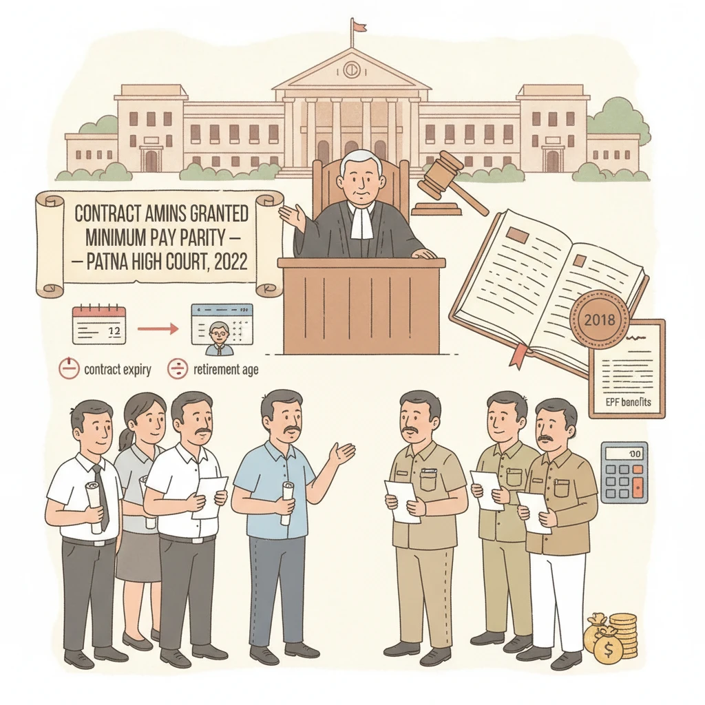 Courtroom illustration representing Patna High Court decision on contractual Amins’ minimum pay.