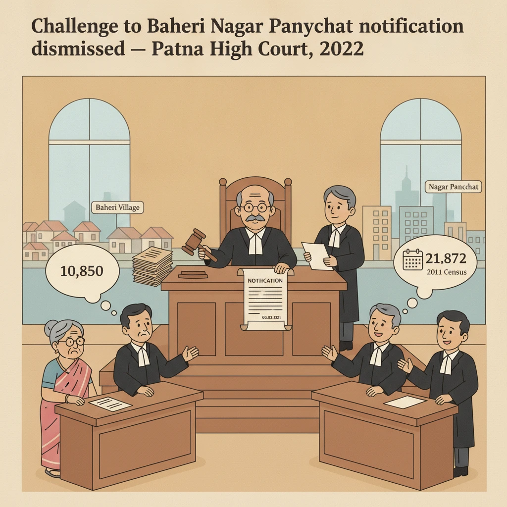 Courtroom illustration showing judges reviewing a challenge to creation of a Nagar Panchayat in Bihar.