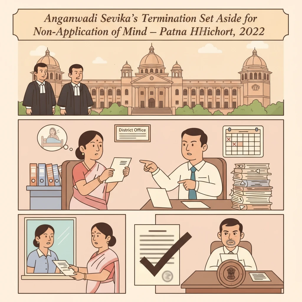 Illustration of Patna High Court reviewing termination of an Anganwadi Sevika in Bihar.