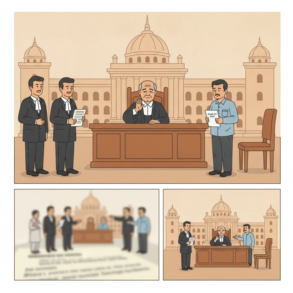 Courtroom illustration representing Patna High Court decision on compassionate Class-IV employee seeking Class-III post.