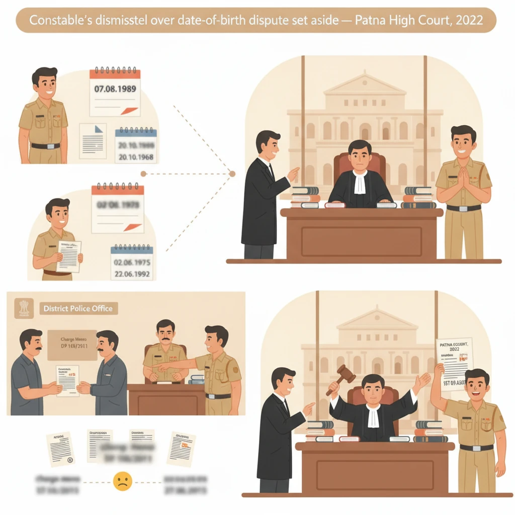 Illustration of Patna High Court examining a police constable’s dismissal over date of birth records.