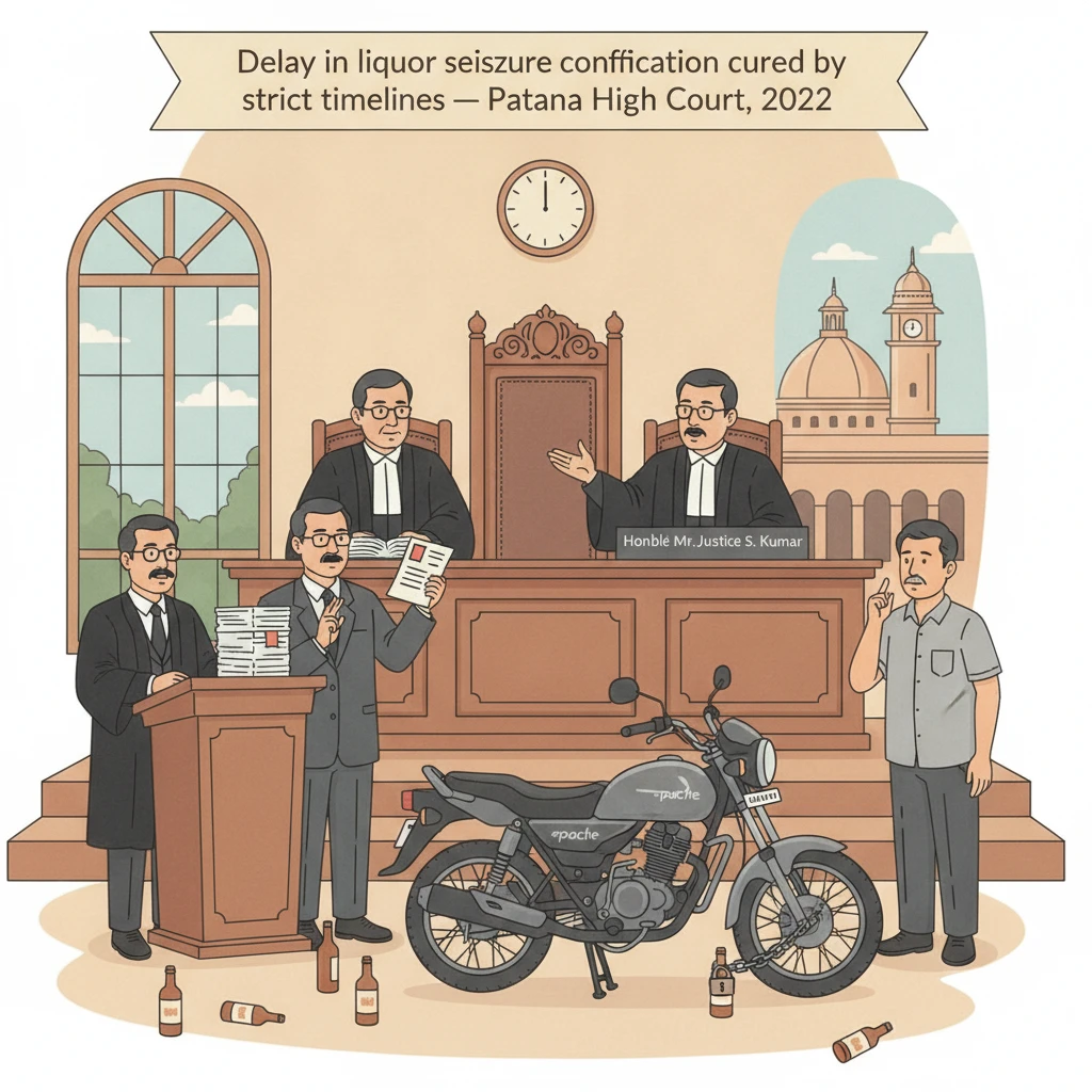 Illustration of a seized motorcycle outside a courthouse in a liquor prohibition case.