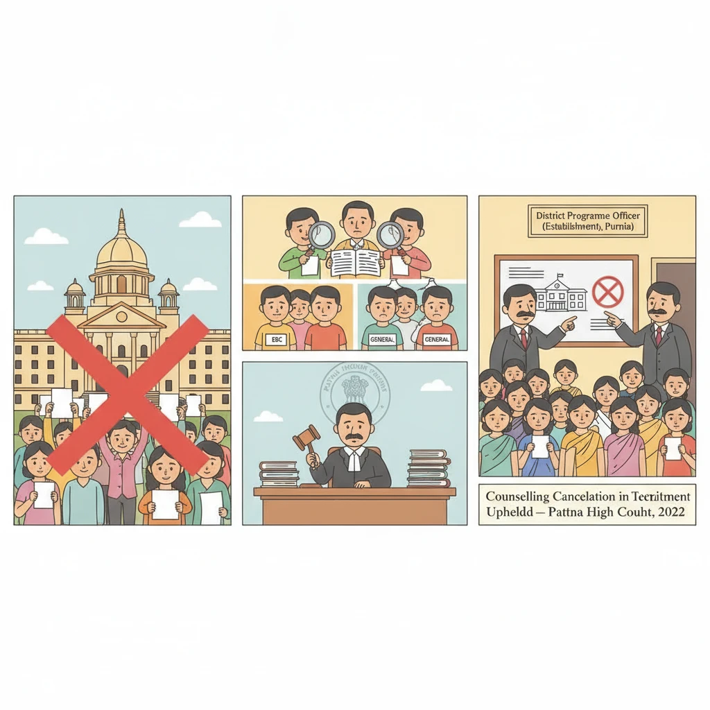 Illustration of the Patna High Court reviewing cancellation of a faulty recruitment counselling process.