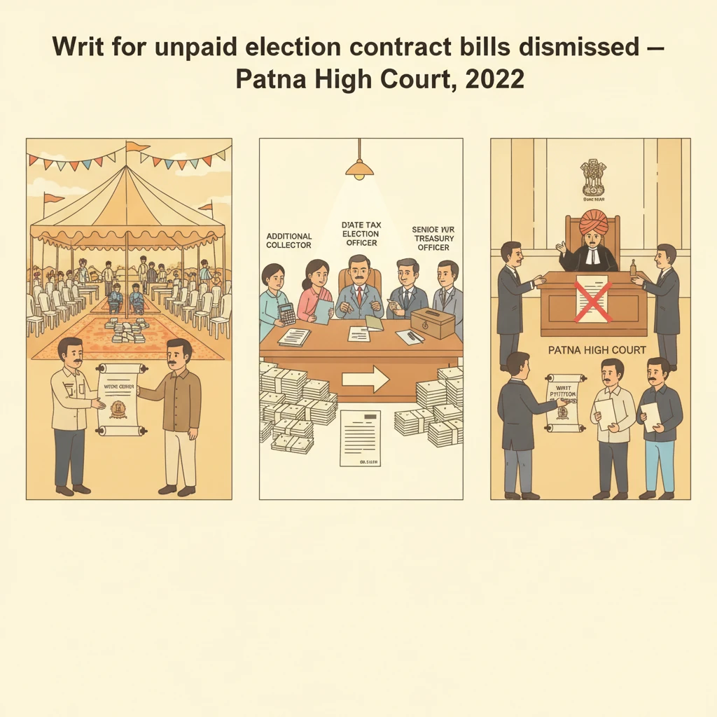 Courtroom illustration showing judges hearing a contractor payment dispute at the Patna High Court.