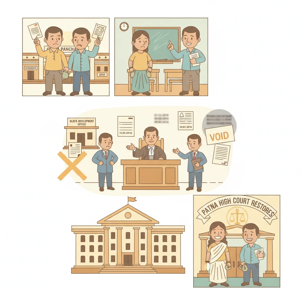 Courtroom illustration showing dispute over Bihar panchayat teachers’ appointments and salary.