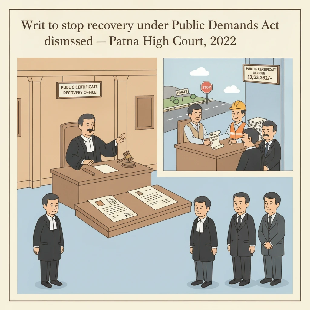 Illustration of Patna High Court hearing a dispute on public demand recovery from a contractor.